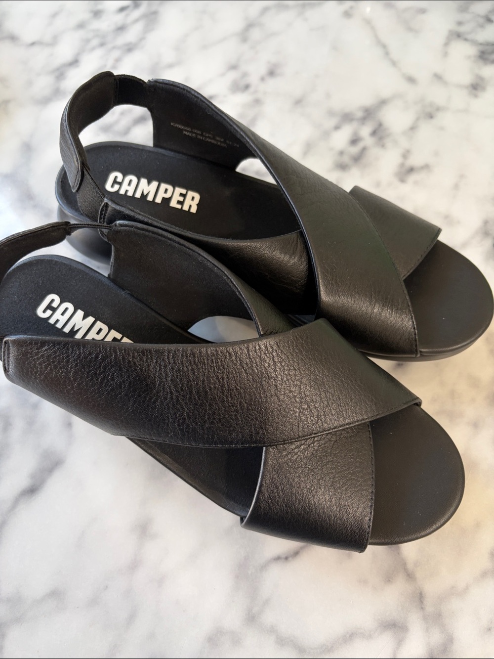 Camper Black Leather Cross-Strap Sandals